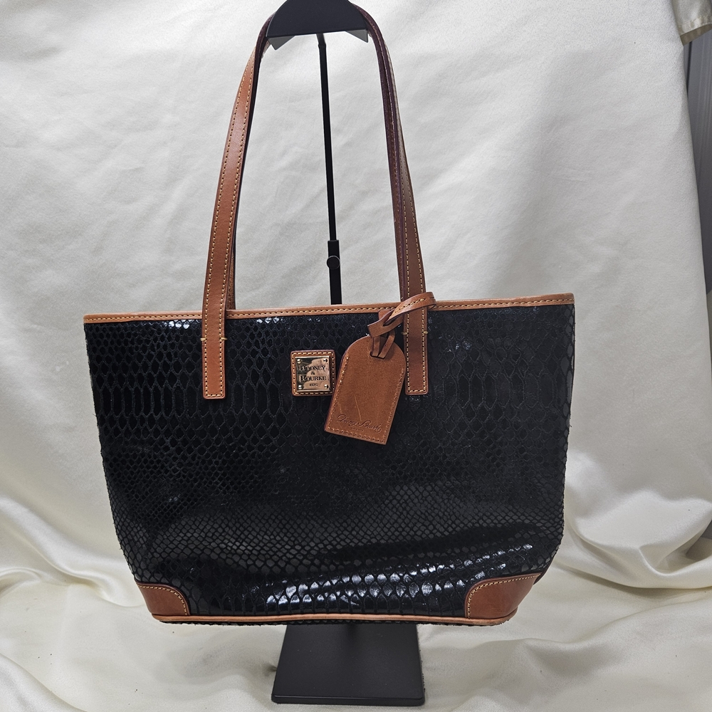 Dooney & Bourke Black Snake Embossed Leather Tote Bag with Red Interior